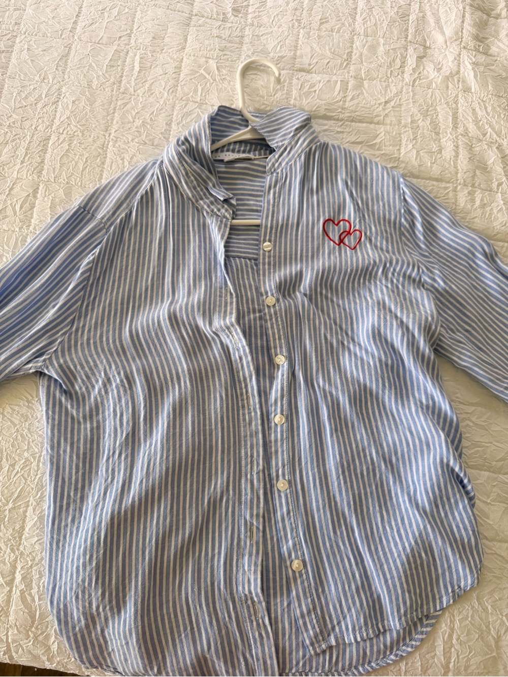 XOXO Light Blue & White Striped Button-Down Shirt with Red Heart Embroidery